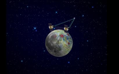 Using a precision formation-flying technique, the twin GRAIL spacecraft maps the moon's gravity field, as depicted in this artist's rendering.