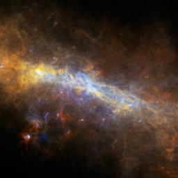 This image from ESA's Herschel Space Observatory reveals a suspected ring at the center of our galaxy is warped for reasons scientists cannot explain. The ring is twisted so that part of it rises above and below the plane of our Milky Way galaxy.