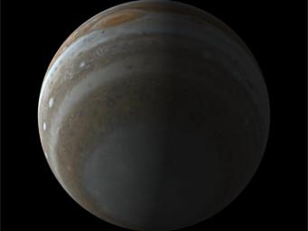 This simulated view of the south pole of Jupiter illustrates the unique perspective of NASA's Juno mission. Juno's polar orbit will allow its camera, called JunoCam, to image Jupiter's clouds from a vantage point never accessed by other spacecraft.