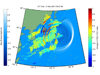 This shows how waves of energy from the Tohoku-Oki earthquake and tsunami of March 11, 2011, pierced through into Earth's upper atmosphere in the vicinity of Japan, disturbing the density of electrons in the ionosphere.