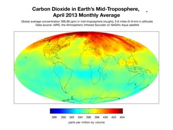 This map created with data from the AIRS on NASA's Aqua satellite shows the concentration of carbon dioxide in Earth's mid-troposphere, located roughly between 3 to 6 miles (5 to 9 kilometers) in altitude.