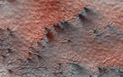This terrain, as seen by NASA's Mars Reconnaissance Orbiter, looks like lumpy sediment on top of patterned ground. The lumpy sediment is likely just loosely consolidated because it is covered with spidery channels.
