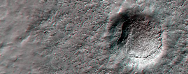 This anaglyph from NASA's Mars Reconnaissance Orbiter shows erosional features formed by seasonal frost near the south pole of Mars. 3D glasses are necessary to view this image.