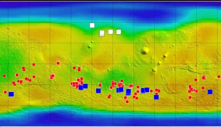 This map of Mars from NASA's Mars Odyssey orbiter shows relative locations of three types of findings related to salt or frozen water, plus a new type of finding that may be related to both salt and water.