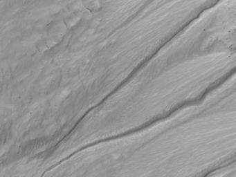 This image, taken by the HiRISE camera onboard NASA's Mars Reconnaissance Orbiter is of a gully on a south-facing slope in middle southern latitudes of Mars.
