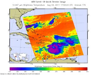 Tropical Storm Emily continues its march toward Hispaniola, which it is expected to reach later on Aug. 3. NASA's Aqua spacecraft captured this infrared image 1:53 p.m. EDT on Aug. 3, with the storm located south of Santo Domingo, Dominican Republic.