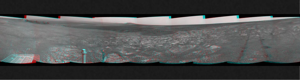 This 3D scene shows the view from where NASA's Mars Exploration Rover Opportunity first arrived on the rim of Endeavour crater, an impact crater about 14 miles (22 kilometers) in diameter. You will need 3D glasses to view this image.