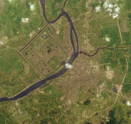 This image from NASA's Terra satellite is of Hue, Vietnam. The Perfume River flows through the Capital City, the Imperial City, the Forbidden Purple City and the inner city.