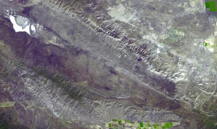 This image acquired by NASA's Terra spacecraft shows the Carrizo Plain, located northwest of Los Angeles, CA. It is one of the easiest places to see surface fractures of the San Andreas Fault, evident as it crosses the image from lower right to upper left