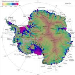This image is the first complete map of the speed and direction of ice flow in Antartica. The thick black lines delineate major ice divides. Subglacial lakes in Antarctica's interior are also outlined in black.