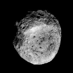 NASA's Cassini spacecraft looks at Saturn's highly irregular moon Hyperion in this view from the spacecraft's flyby of the moon on Aug. 25, 2011.