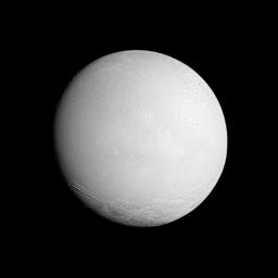 NASA's Cassini spacecraft looks at a brightly illuminated Enceladus and examines the surface of the leading hemisphere of this Saturnian moon.
