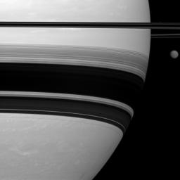 Saturn's largest moon, Titan, looks small here, pictured to the right of the gas giant as seen by NASA's Cassini spacecraft.