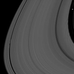 Saturn's moons Daphnis and Pan demonstrate their effects on the planet's rings in this view from NASA's Cassini spacecraft. Daphnis, at left, orbits in the Keeler Gap of the A ring; Pan at right, orbits in the Encke Gap of the A ring.