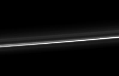 NASA's Cassini spacecraft captures Saturn's ever-changing F ring, showing its bright core, another strand of ring material, and a breakaway clump of material close to the core.