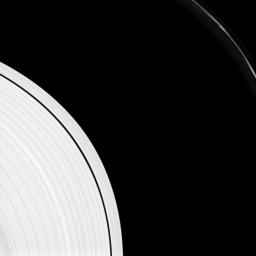 Saturn's F ring shows several 'mini-jets' near the upper-right of this image captured by NASA's Cassini spacecraft. The A ring also appears in the lower-left of the image.