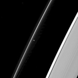 Like a shepherd guarding his sheep, Prometheus keeps a lonely watch over the F ring in this image captured by NASA's Cassini spacecraft.