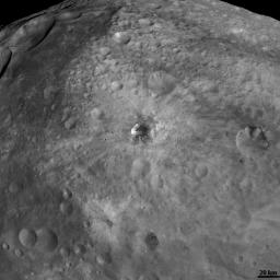 NASA's Dawn spacecraft obtained this image of various craters on asteroid Vesta with its framing camera on August 19, 2011. The image has a resolution of about 260 meters per pixel.