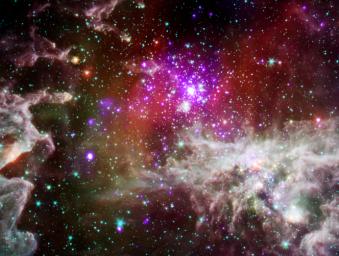 This composite image of the star cluster NGC 28 contains X-ray data from Chandra, in purple, with infrared observations from Spitzer, in red, green, blue. NGC 281 is known informally as the 'Pacman Nebula' because of its appearance in optical images.