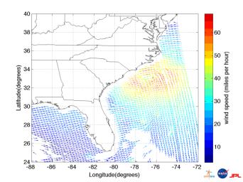 This ISRO-NASA-JPL-Caltech collaborative image shows ocean wind vector data from ISRO's OceanSat 2 spacecraft of Hurricane Irene which made landfall early Saturday morning, Aug. 27, just west of Cape Lookout, NC.