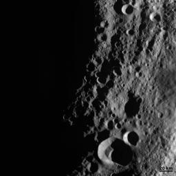 This detail of NASA's Dawn spacecraft's framing camera image shows low sun angles and large shadows on asteroid Vesta.