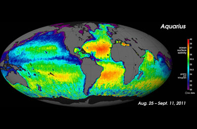 NASA's Aquarius instrument has produced its first global map of the salinity, or saltiness, of Earth's ocean surface, providing an early glimpse of the mission's anticipated discoveries.