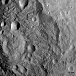Slumping features and landslides can be clearly seen near the base of the largest scarp in this image from NASA's Dawn spacecraft. Some of the hummocky terrain near the scarps is probably due to landsliding.