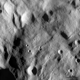 This image from NASA's Dawn spacecraft shows a raised mound material overlying the brighter material that makes up the floor of the south polar depression of asteroid Vesta. Many small scale craters are clear in this image.