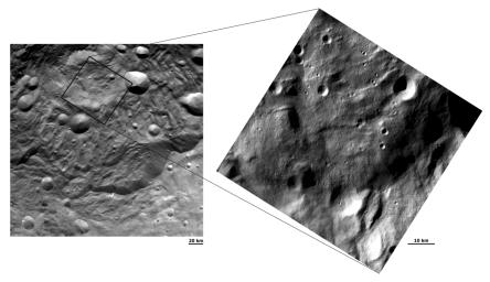 NASA's Dawn spacecraft obtained these images with its framing camera on Aug.17 and Sept.17, 2011. The left hand image shows scarps, mostly near the bottom. The right hand image is a close up, higher resolution view of a large part of the raised mound.
