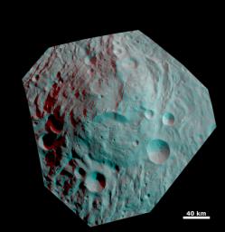 This anaglyph image shows the topography of the mountain-central complex in asteroid Vesta's south polar region. You need 3D glasses to view this image.