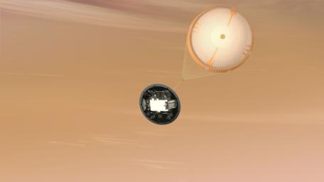 This artist's concept is of NASA's Mars Science Laboratory (MSL) Curiosity rover parachute system; the largest parachute ever built to fly on a planetary mission. The parachute is attached to the top of the backshell portion of the spacecraft's aeroshell.