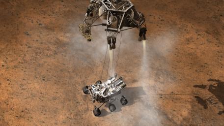 This artist's concept depicts the moment that NASA's Curiosity rover touches down onto the Martian surface. The Mars Science Laboratory will use the sky crane touchdown system.