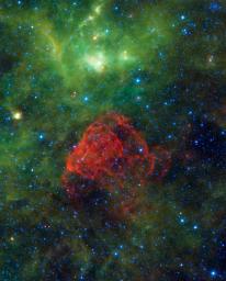 Seen as a red dusty cloud in this image from NASA's Wide-field Infrared Survey Explorer, Puppis A is the remnant of a supernova explosion.