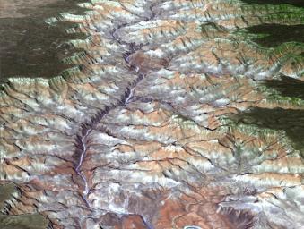 NASA's Terra spacecraft provided this view of the eastern part of Grand Canyon National Park in northern Arizona in this image on July 14, 2011. This view looks to the west, with tourist facilities of Grand Canyon Village visible in the upper left.
