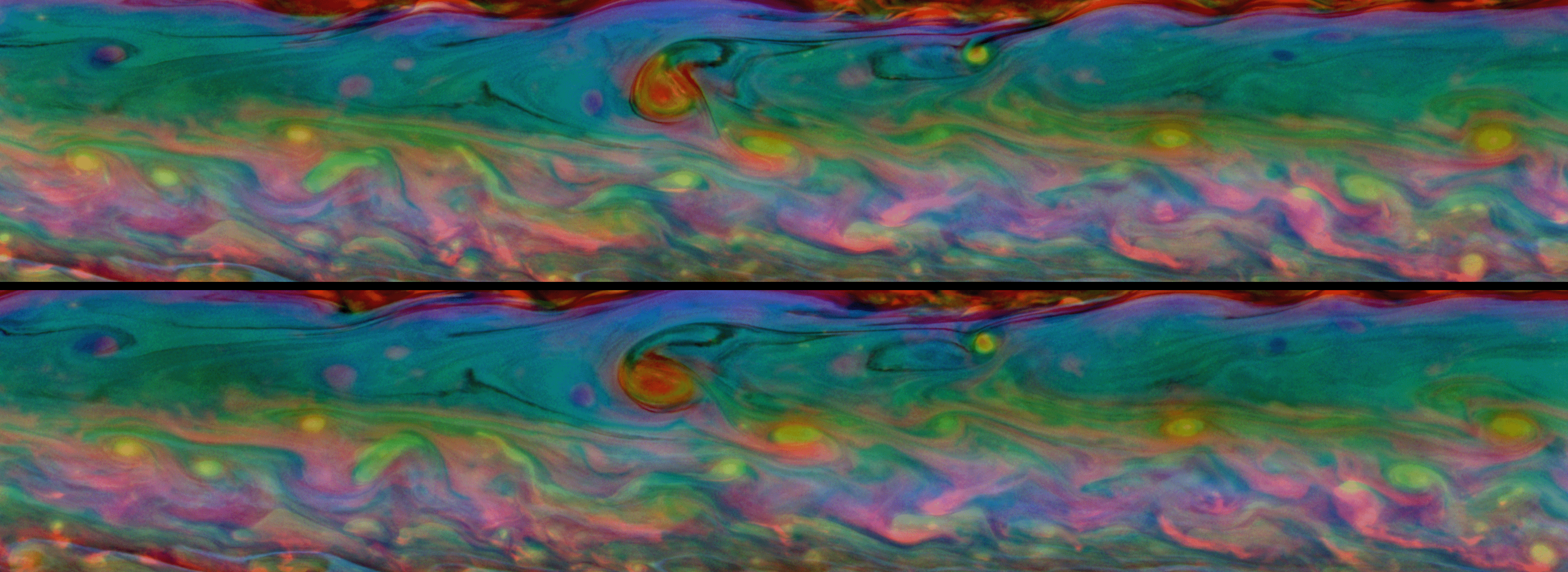 These two false-color views from NASA's Cassini spacecraft show detailed patterns that change during one Saturn day within the huge storm in the planet's northern hemisphere.