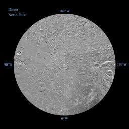 The northern and southern hemispheres of Dione are seen in these polar stereographic maps, mosaicked from images from NASA's Cassini mission. Each map is centered on one of the poles and surface coverage extends to the equator.