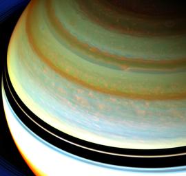 A particularly strong jet stream churns through Saturn's northern hemisphere in this false-color view from NASA's Cassini spacecraft. Clouds associated with the jet stream can be seen at upper right about a third of the way down from the top.