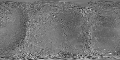 This global digital map of Rhea was created using data taken during NASA's Cassini and Voyager spacecraft flybys.