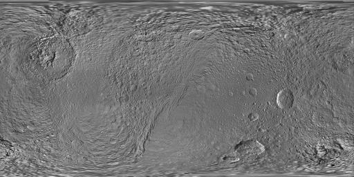 This global map of Saturn's moon Tethys was created using images taken during flybys of NASA's Cassini spacecraft.
