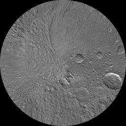 The southern hemisphere of Tethys is seen in this polar stereographic map, mosaicked from the best-available images from NASA's Cassini spacecraft.