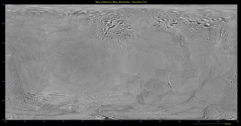 This mosaic shows an updated global map of Saturn's icy moon Enceladus, created using images taken during flybys of NASA's Cassini spacecraft. The map incorporates new images taken during flybys in December 2011.