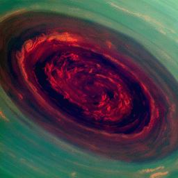 The spinning vortex of Saturn's north polar storm resembles a deep red rose of giant proportions surrounded by green foliage in this false-color image from NASA's Cassini spacecraft.