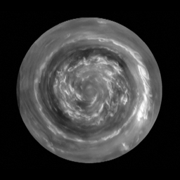 This image obtained by NASA's Cassini spacecraft, shows the clouds of a hurricane-like storm, which circulate around the north pole of Saturn out to 88.5 degrees north latitude. The clouds at the very center are spinning rapidly.