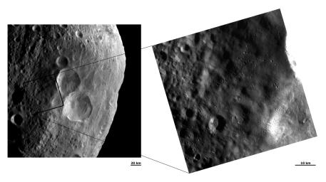 These images from NASA's Dawn spacecraft shows two different resolution views of the ejecta blanket of Vesta's 'snowman craters.' The snowman-like pattern of these craters is clearly seen in the center of the left hand image.