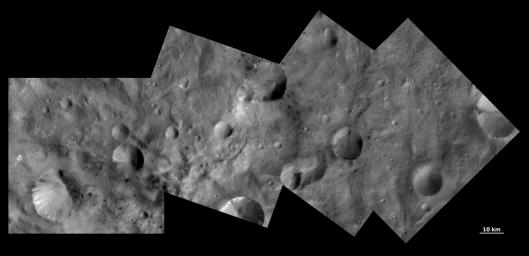 This image from NASA's Dawn spacecraft shows craters with both sharp and smooth rims, a 'ghost' crater and dark and bright material in asteroid Vesta's southern hemisphere.