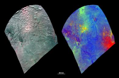 These composite images from NASA's Dawn spacecraft images show the spectacular spectral diversity of asteroid Vesta's surface.