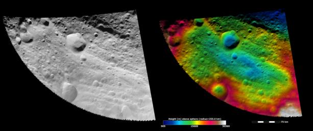 These images show part of asteroid Vesta's equatorial region, which contains impact craters and troughs (linear depressions).