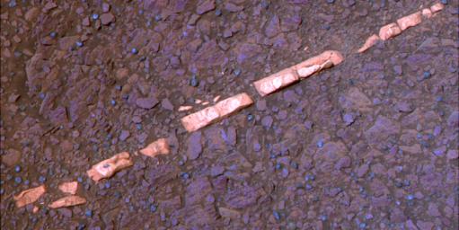 This false-color view of a mineral vein called 'Homestake' comes from the panoramic camera (Pancam) on NASA's Mars Exploration Rover Opportunity. The vein is about the width of a thumb and about 18 inches (45 centimeters) long.
