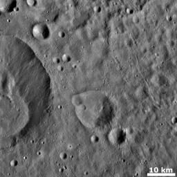 This image from NASA's Dawn spacecraft shows numerous grooves (linear depressions) and crater chains, especially in the right hand side of the image of asteroid Vesta.