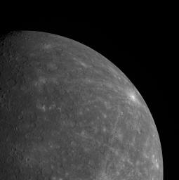 This image from NASA' MESSENGER spacecraft shows a portion of Mercury's southern hemisphere. The bright rayed crater near the limb is Debussy. Also visible is Matabei, a small crater distinguishable by its unique dark rays.